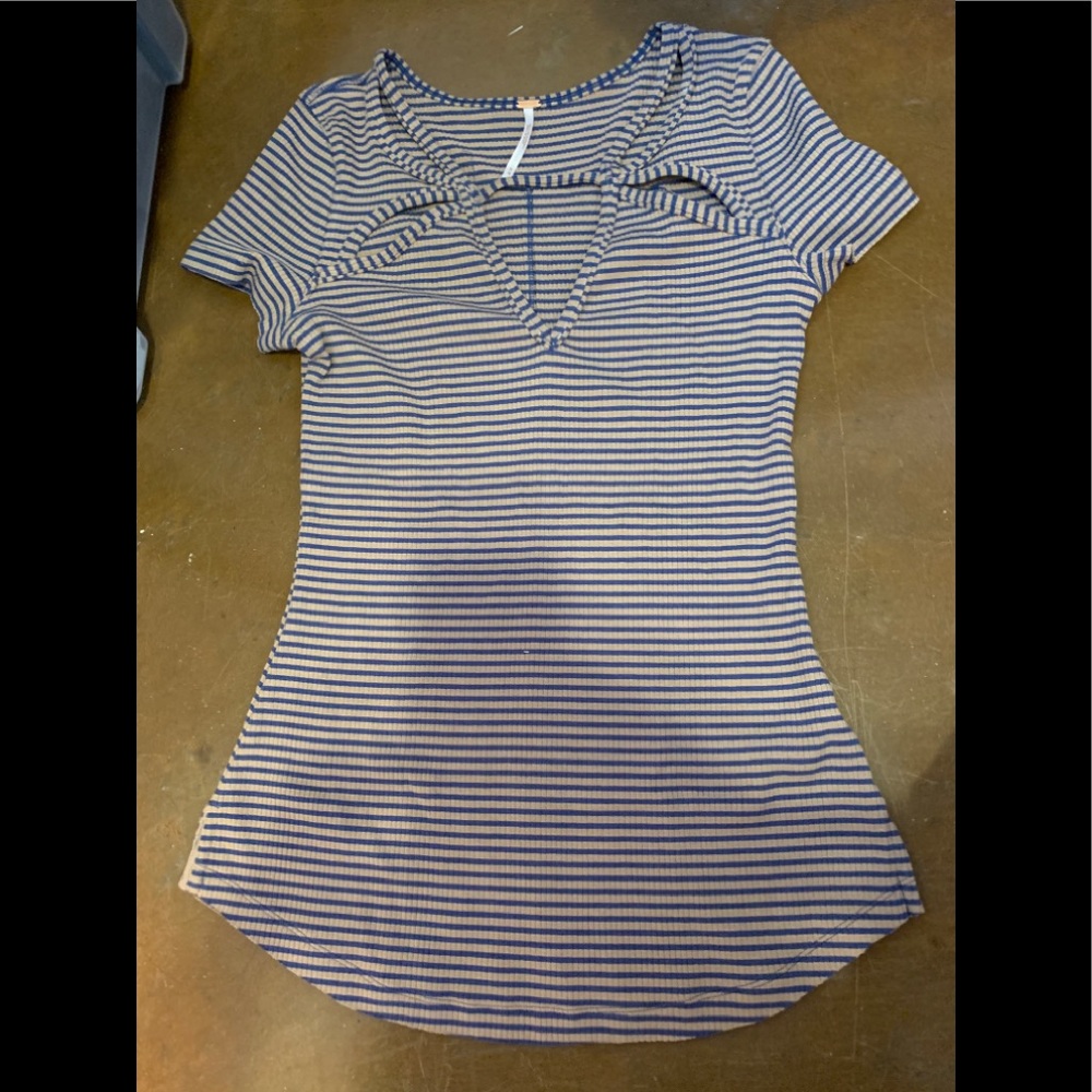 Free People Frenchie Cutout Ribbed Top Tan & Blue - Picture 6 of 8